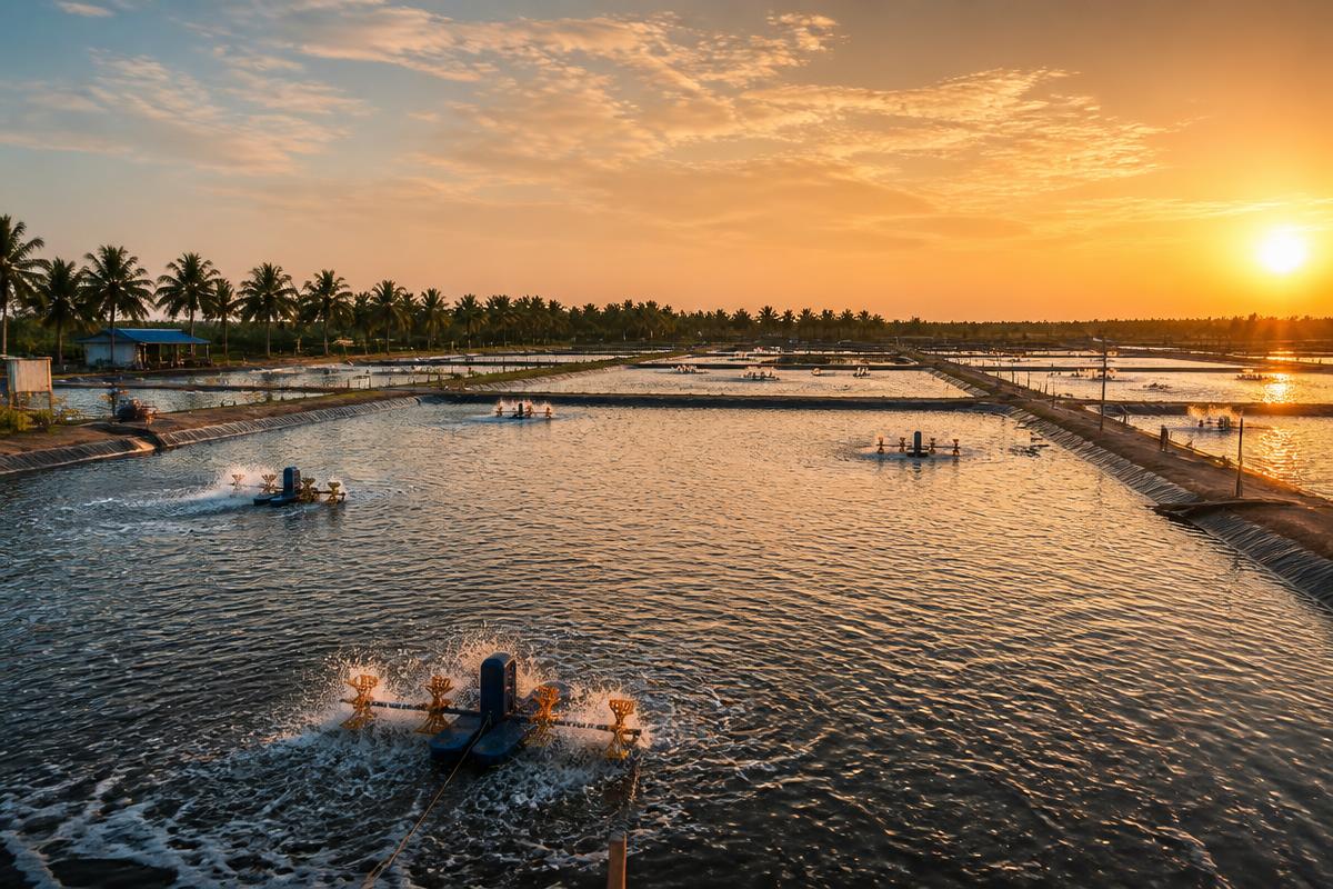 Aquaculture farm at sunset in East Godavari